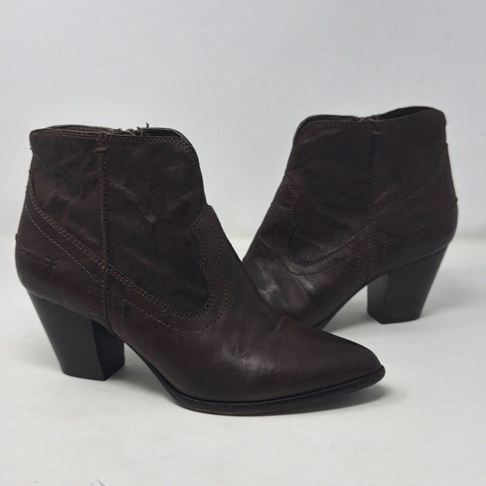 Frye Women 8M Brown Leather Western Ankle Boots Pointed Toe Zip Booties